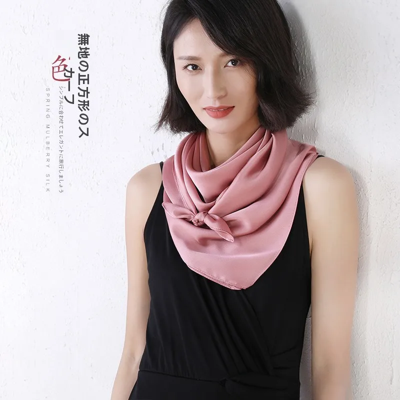 90cmシルクサテンスカーフ　おしゃれママ向け　秋冬春夏　蓮の花ピンクカラー　正方形スカーフ　装飾用　純色　韓国風