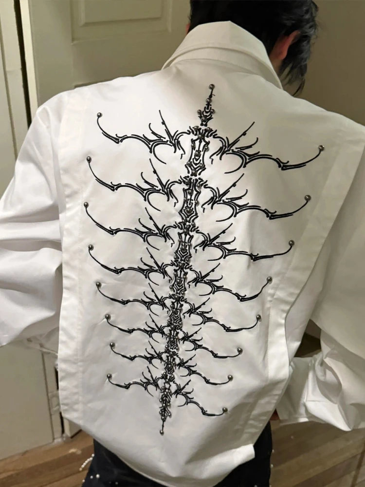 Csa Masculina Azul Bordada de Manga Longa Design Cleanfit Primavera com Costura de Rebite Olho de  Casual Ajuste Solto