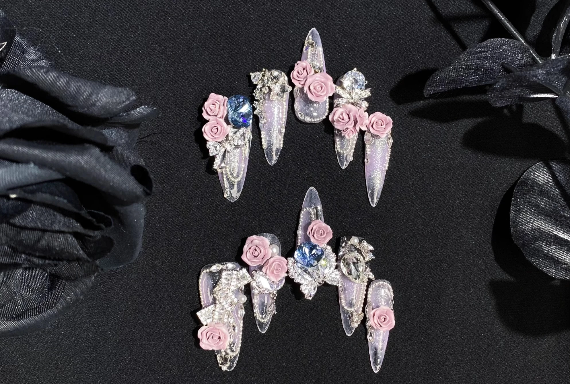 

Hand-worn Wedding Nail, Heavy Industry Cat's Eye Purple Pink Bow, High-grade Pure Desire Nail Art Custom Products
