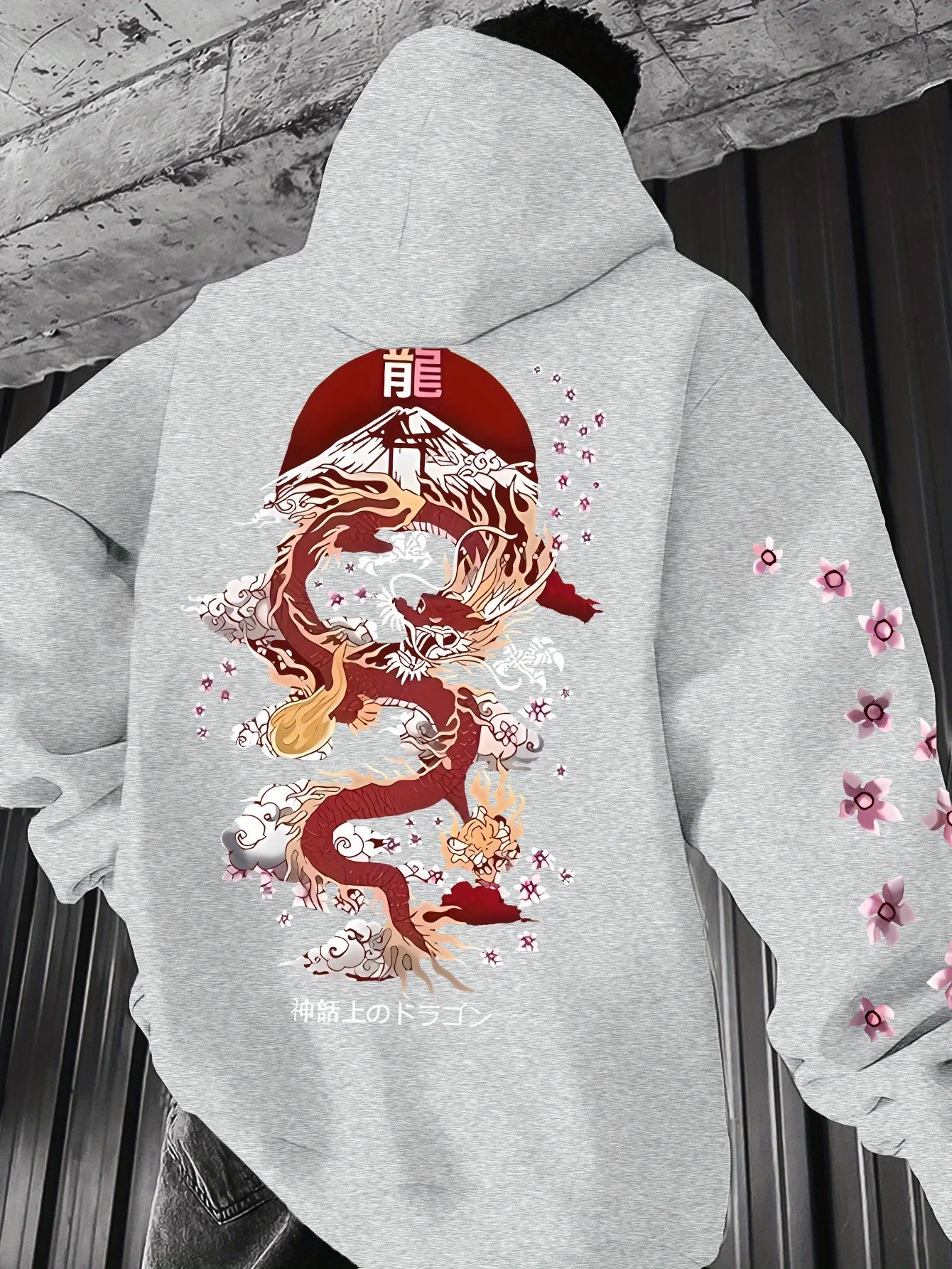 Men's Autumn/Winter Floral Dragon Print Hoodie, Casual, Versatile, Loose Fit, Sporty Hooded Sweatshirt, Street Style, Y2K Trend