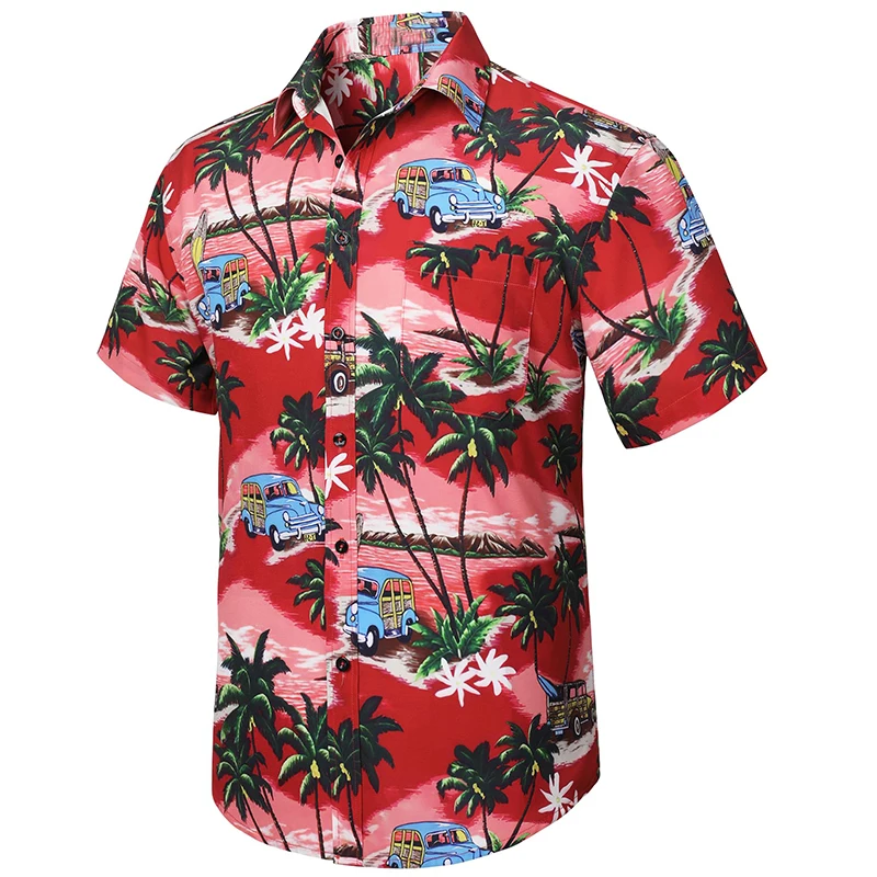 Camisa havaiana masculina de abotoar, manga curta, camisa floral casual masculina, férias na praia tropical, Aloha, verão