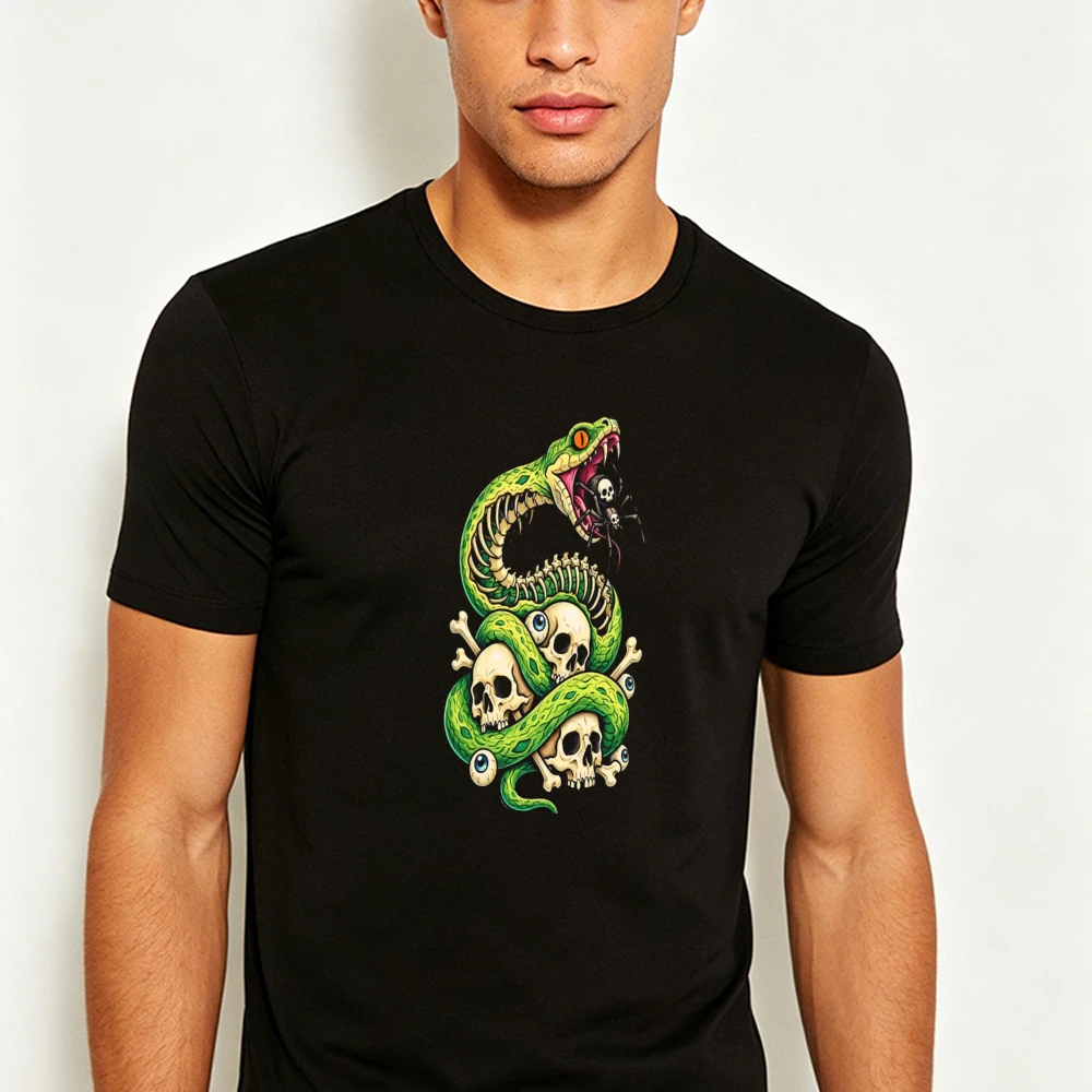 Green Snake Skulls Spider Eyeball Dark Gothic Graphic Men Summer T Shirt Creepy Horror Wild Creature Casual Short Sleeve Top