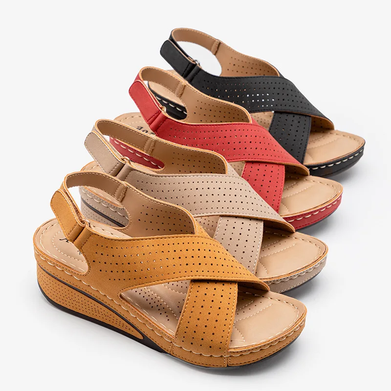 Women Shose Summer 2022 Casual Leather Sandals Retro Sandalis Women Plus Size Hollow Wedges Sandals