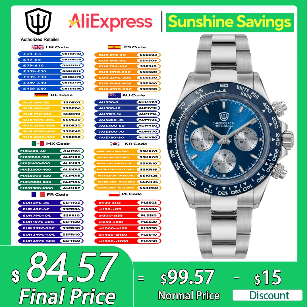 

Watchdives WD16500 Quartz Watch VK63 Movement Supre BGW9 Luminous Wristwatch 100m Waterproof 39mm Sapphire Crystal Men Watches