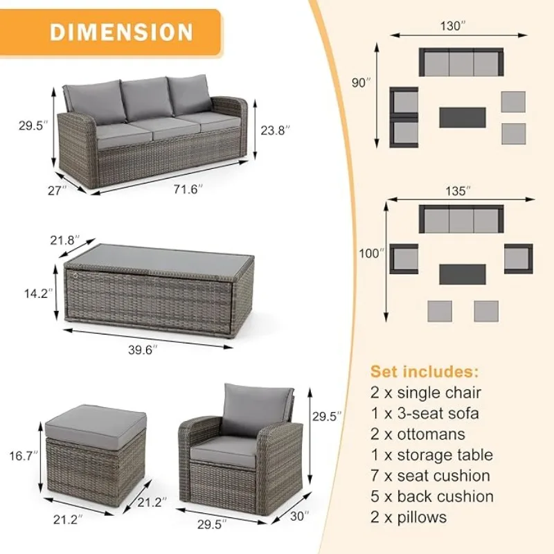 6 Pieces Patio Furniture Sets, Wicker Patio Conversation Sets w/ Storage Glass Coffee Table, Outdoor Sectional Sofa w/Ottomans