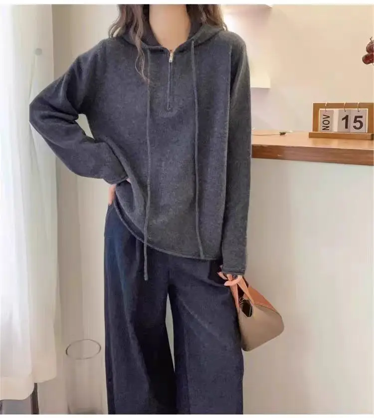 2026 autumn winter rolled edge hooded zipper 100% wool sweater women's European goods with hood loose sweater cashmere bottom