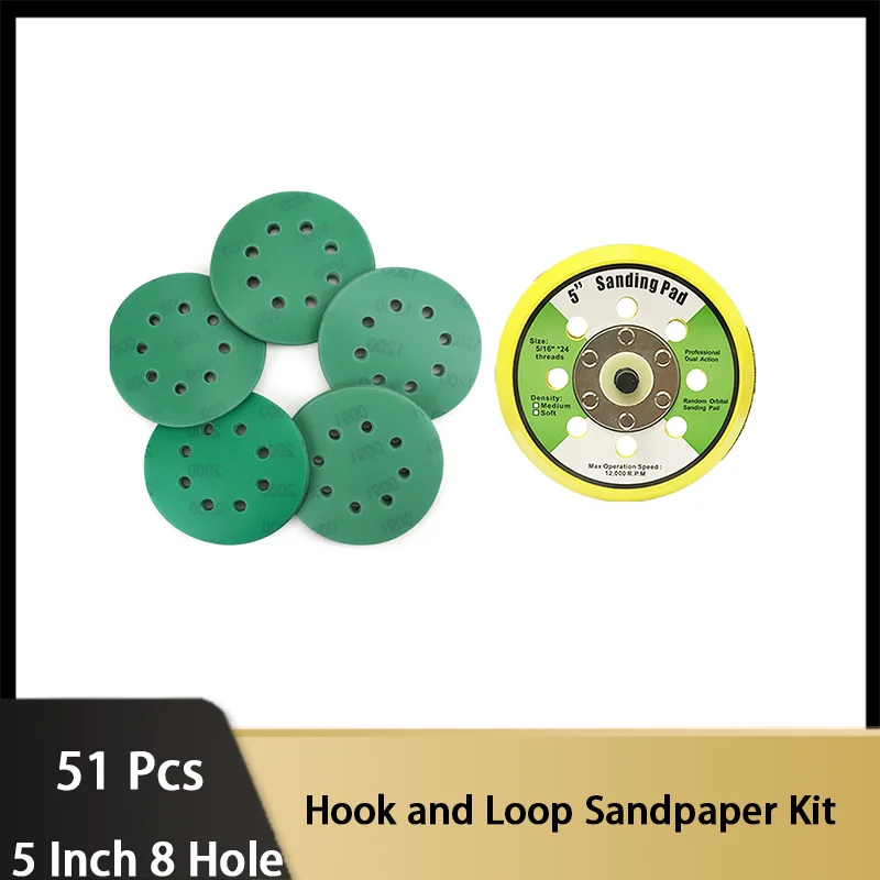 5 Inch 8 Holes Hook and Loop Sandpaper Kit 51 Pcs Assorted Grit 800-2000 to Better Match Orbital Sanders for Wood Metal and Auto