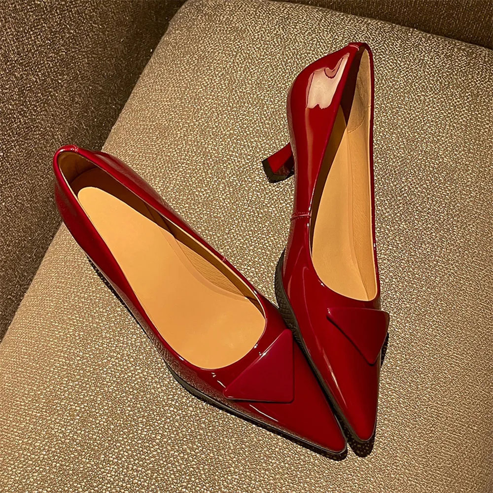 Aucegi Luxury Brand Women Mid Heels Fashion Classic Pointy Toe Pumps Elegant Wedding Patent Leather Party Dress Handmade Shoes