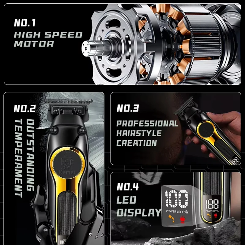 Kemei KM-2351 USB مشابك شعر قابلة للشحن DLC شفرة لاسلكية المهنية الكهربائية الشعر المتقلب الرجال الحلاق