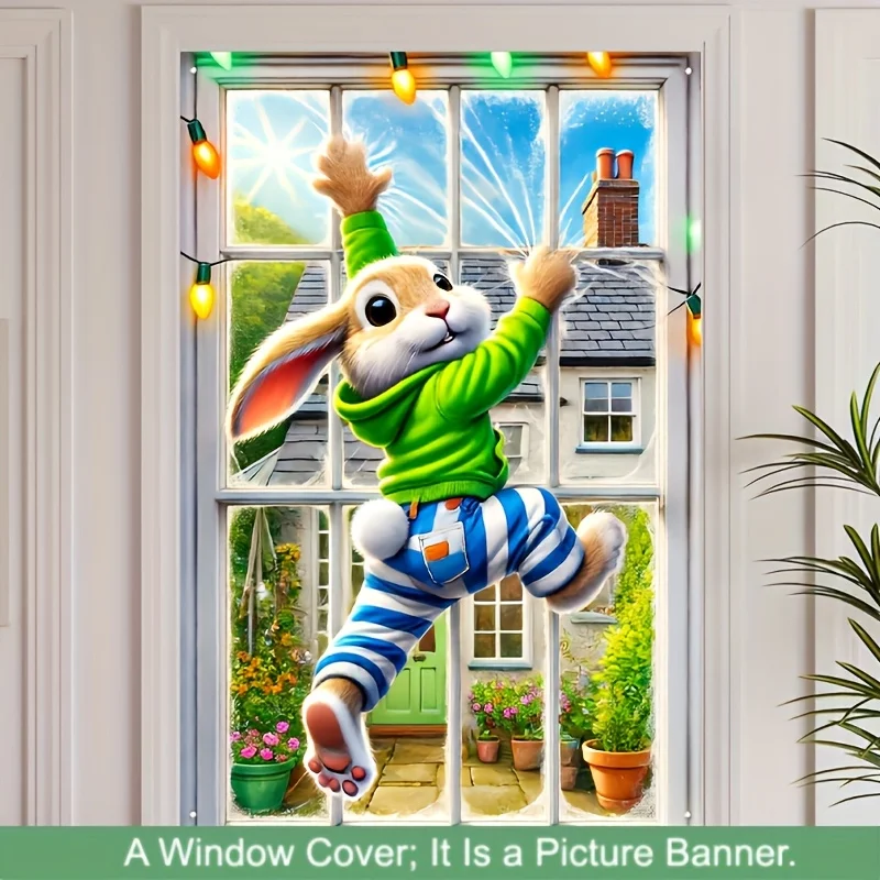 2D flache Osterhase Fensteraufkleber Polyester Kulissen Kaninchen Klettern Fenster Muster Fenster Abdeckung Ostern Party Dekoration