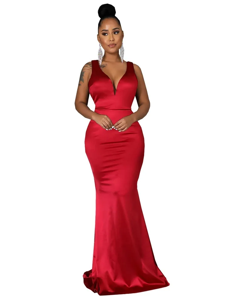 2023 Summer Dresses for Women Deep V-neck Satin Sleeveless Evening Dress Vestidos De Mujer Casual Elegant Maxi Robe Female