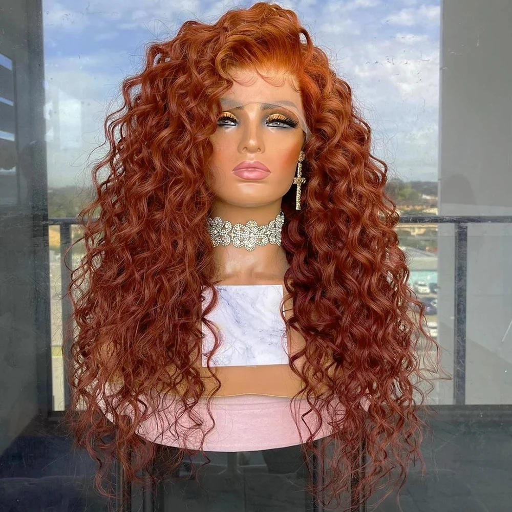 RONGDUOYI Orange Brown Kinky Curly Synthetic Wig Curly Wave Natural Hairline Lace Front Wigs for Black Women Daily Cosplay Use