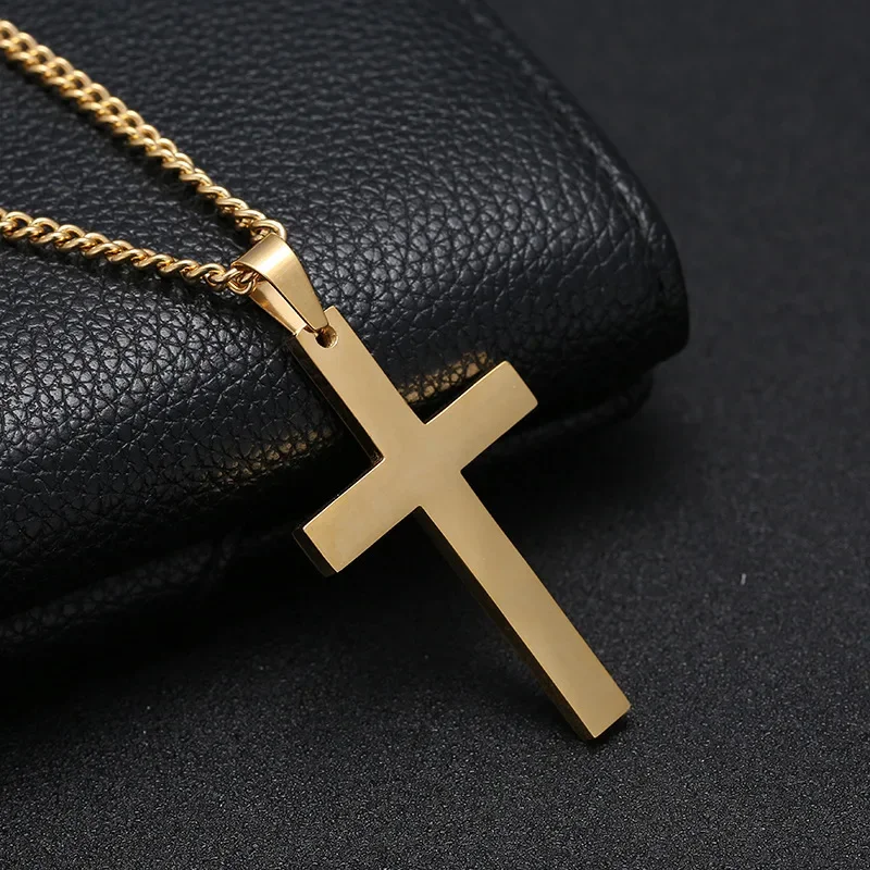 Religious Jewelry Cross Pendant Necklace Men Women Collar Gold Color Chain Simple Punk Stainless Steel Cross Necklace