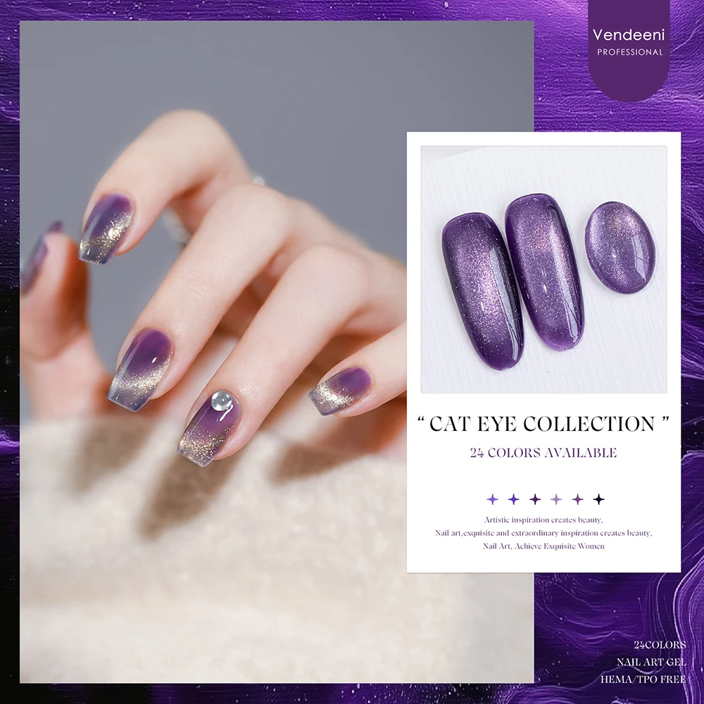 Vendeeni 24 Farben Lila Gel-Nagellack-Set mit Glitzer-Pailletten, UV-Härtender Gel-Lack, Magnetischer Katzenaugen-Gel mit Display – Detail 4
