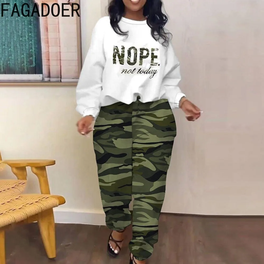 FAGADOER Autumn Casual Pattern Printing Two Piece Sets Women Round Neck Long Sleeve Top And Jogger Pants Tracksuits Outfits 2023