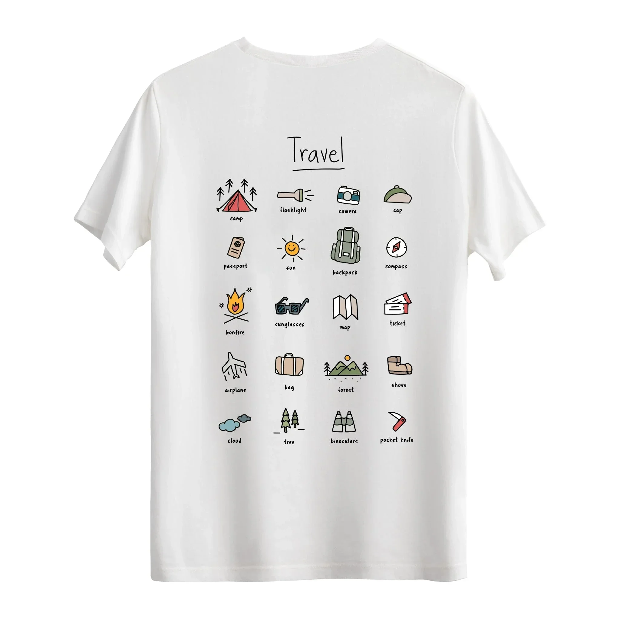 Minimalist Travel Camping Icon T-Shirt Men Women Adventure Checklist Graphic Print Casual Short Sleeve Tee Tops