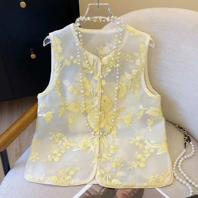 

Chinese Style Summer Women Embroidery Yellow Floral Sleeveless Organza Vest Coat , Spring Summer Woman Clothing Vests Coats