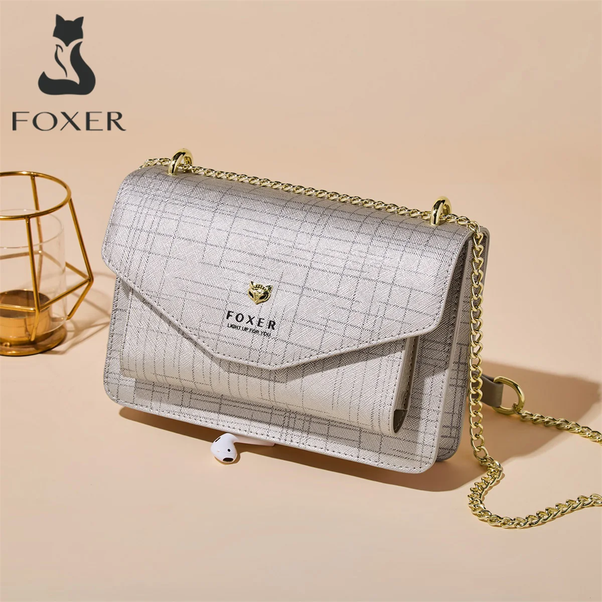 FOXER Light Luxury Women Shoulder Bag Cowhide Leather Ladies Small Square Bag Fashion Female Crossbody Purse Flap Bag