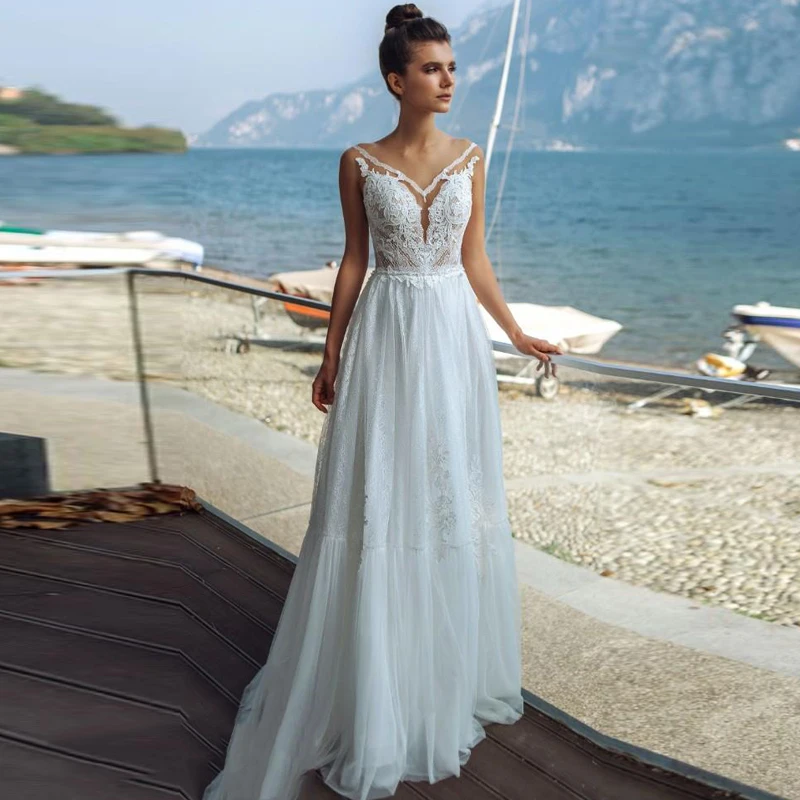 Boho Beach V-neck Tulle Wedding Dress 2024 Lace Applique Bow Princess Illusion Back Sleeveless Bridal Gown Vestidos De Novia