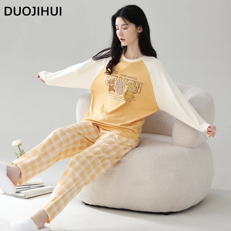 Duojihui Mode einfache Zauber farbe Pyjamas für Frauen Herbst klassische O-Ausschnitt Pullover lose lässige Hose grundlegende weibliche Pyjamas Set