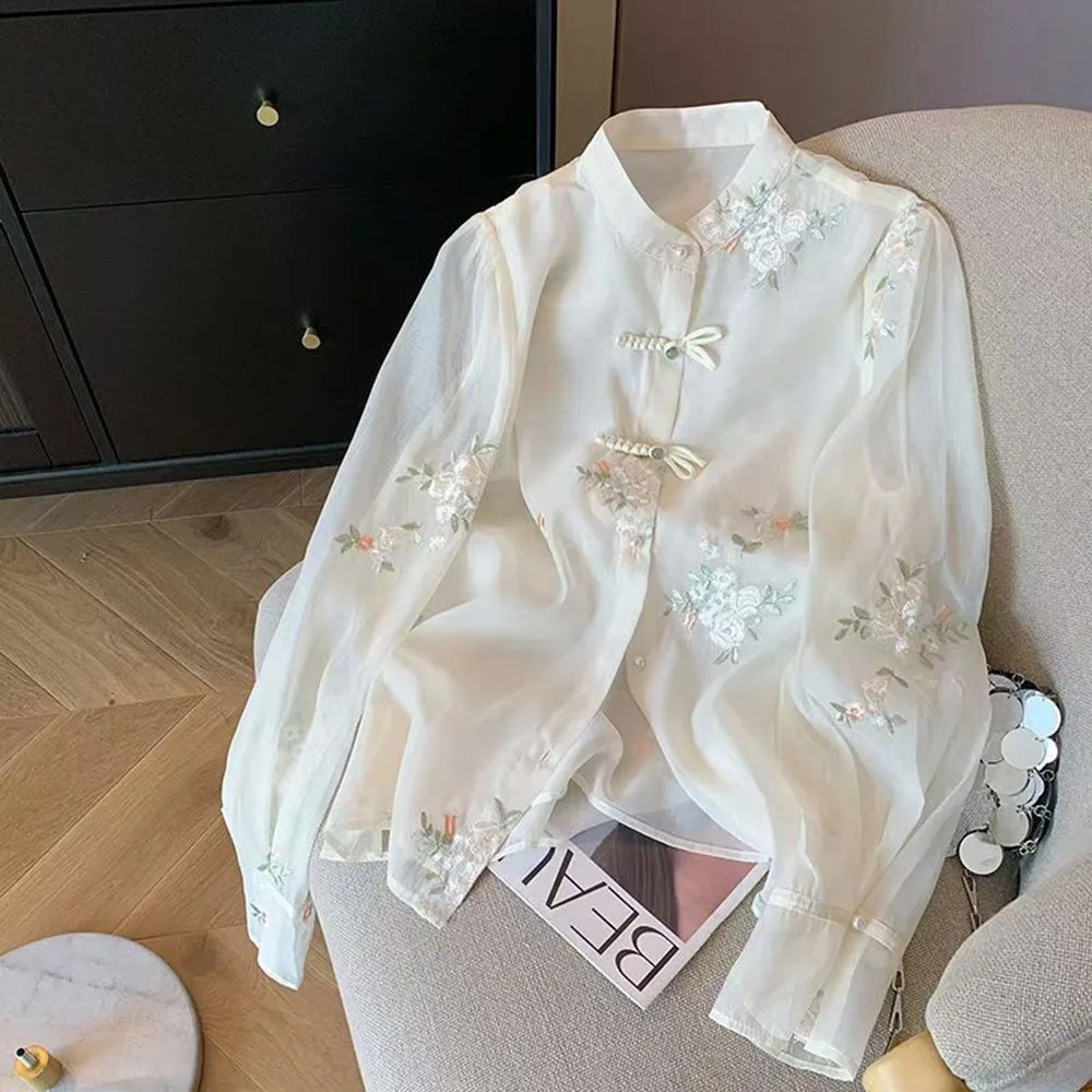 

Floral Embroidery Chinese Style Women Shirts Loose Long Sleeve Stand Collar Blouse Tang Suit Cheongsam Summer Vintage Blouse