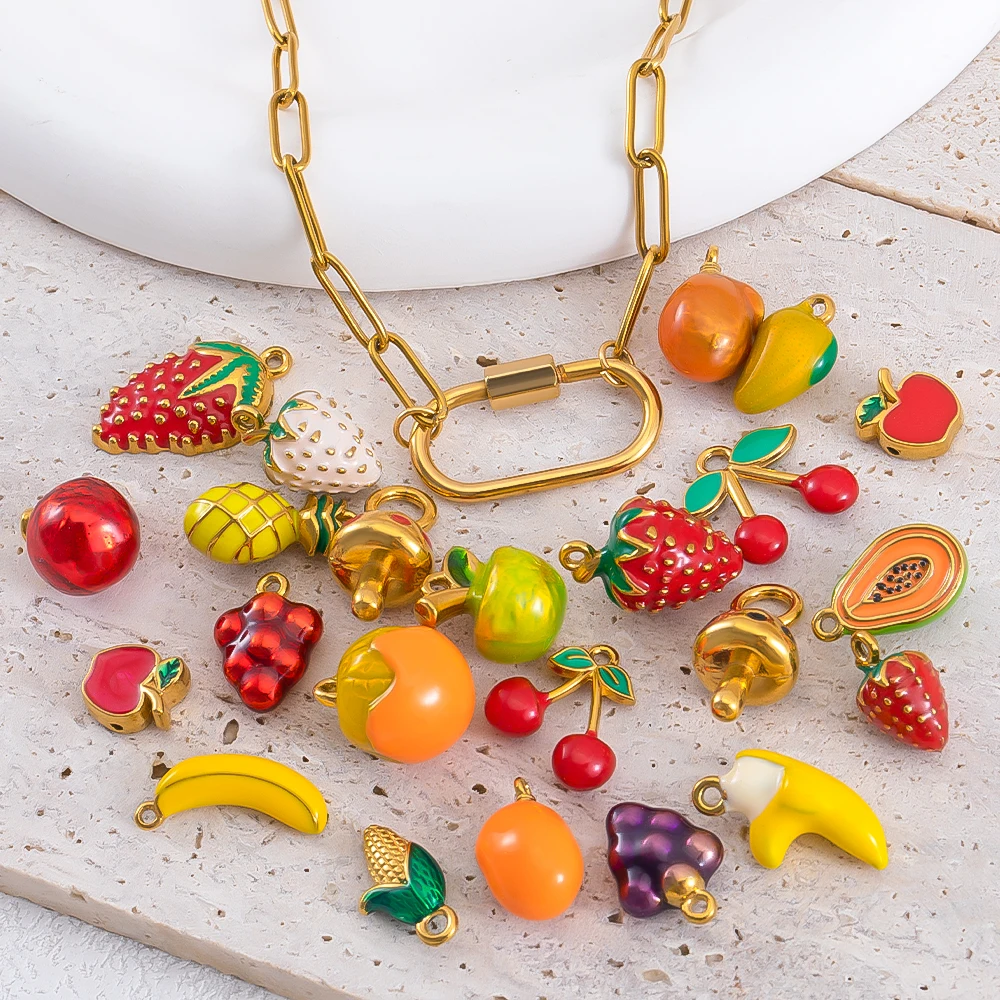 2pcs Stainless Steel Enamel Cute Strawberry Banana Corn Grape Cherry Charms Gold Plated DIY Bracelet Earrings Jewelry Findings