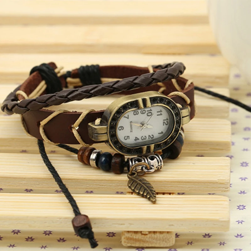 Women Genuine Leather Vintage Quartz Watch Multi Layer Handmade Bracelet Wristwatches Adjustable Length Couple Watch 2022 Bangle