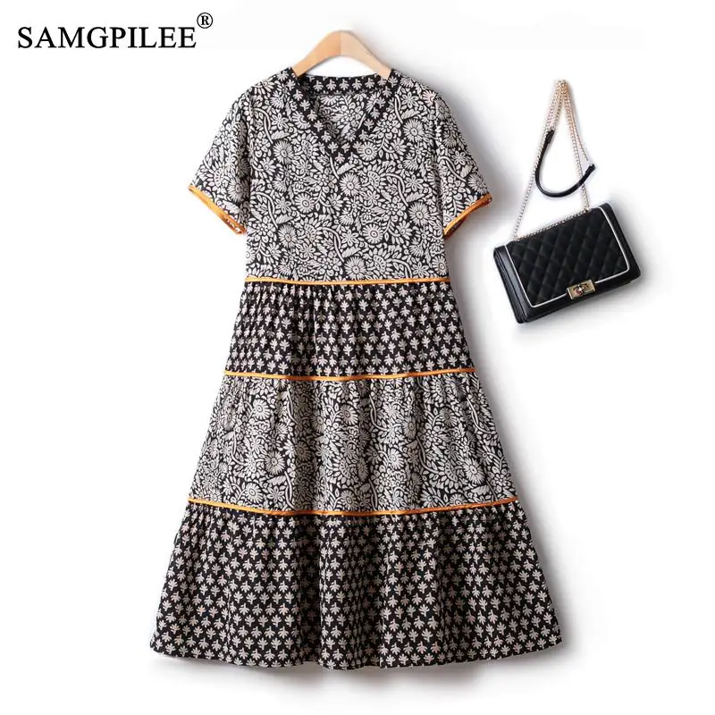 

Elegant Casual Women's Dresses French Fashion Contrast V-neck Color Block Over The Knee Chiffon Print Loose Summer Dress Woman