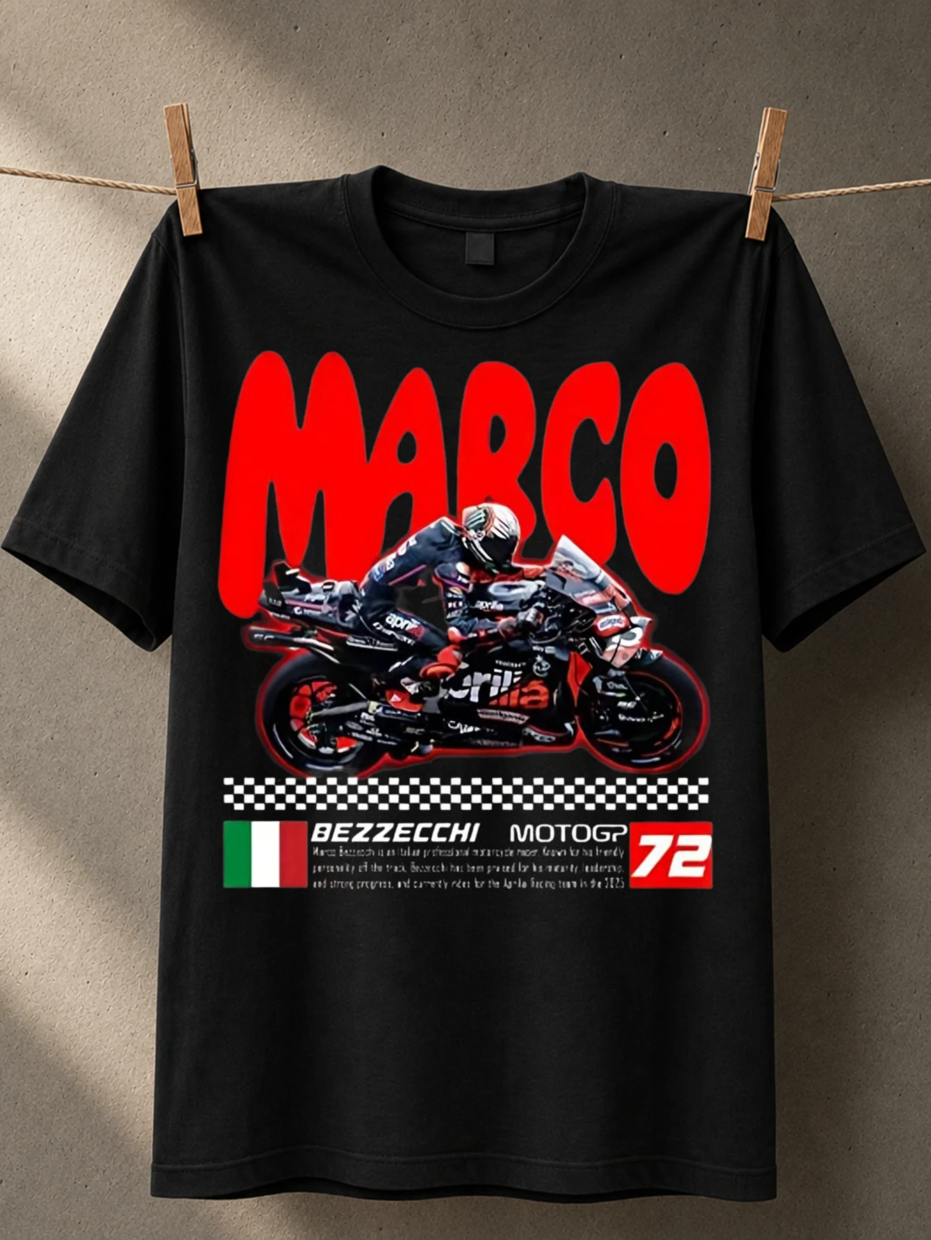 Marco Bezzecchi 72 huge red name text motorcycle racing action checkered strip and Italian Unisex  Unisex All T-Shirt