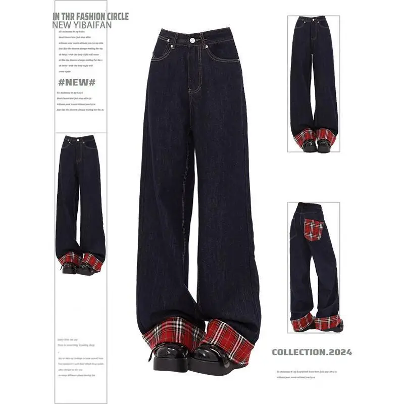 

American Retro Plaid Splicing Jeans Loose Wide Leg Straight Cut High Waist Long Pants Youthful Sle Wear Resistant for Men A...