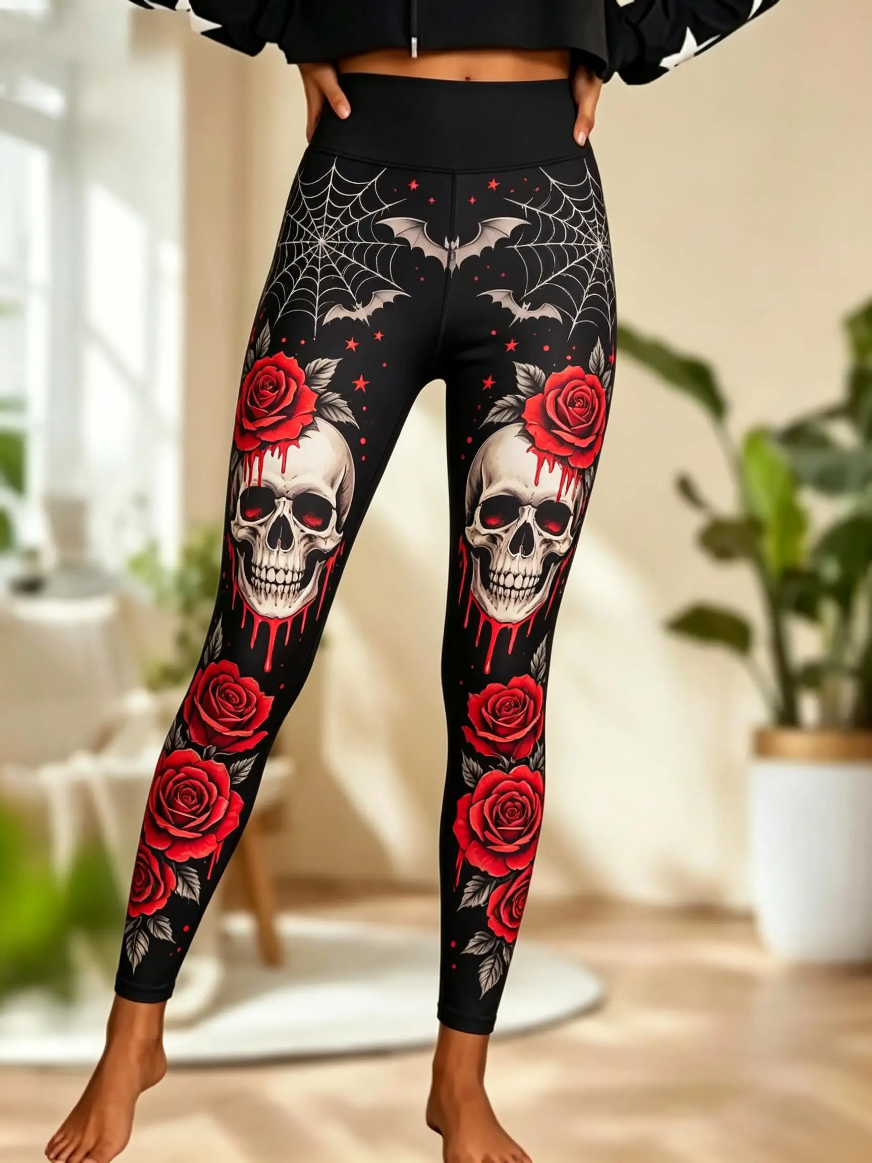 Women Halloween Fleece Mid‑Rise Leggings Skull Pink Rose Bat Spider Web Full Print Stretch Slim Pants