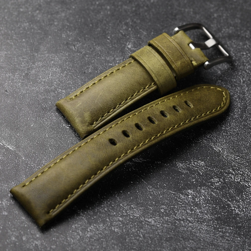 Handmade Head Cowhide Watchband 22 24MM Teal Vintage Genuine Leather For PAM111 441 Vintage Brushed First Layer Cowhide