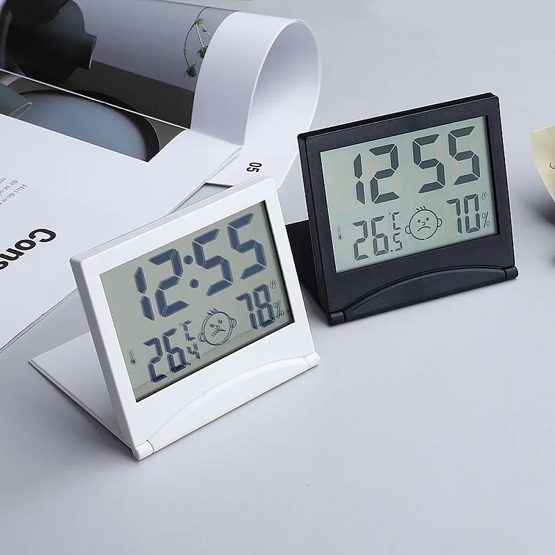 Foldable Mini Alarm Clock Temperature Humidity Battery Powered Snoze Table Clock 12/24H LCD Digital Clock With CR2025 Battery