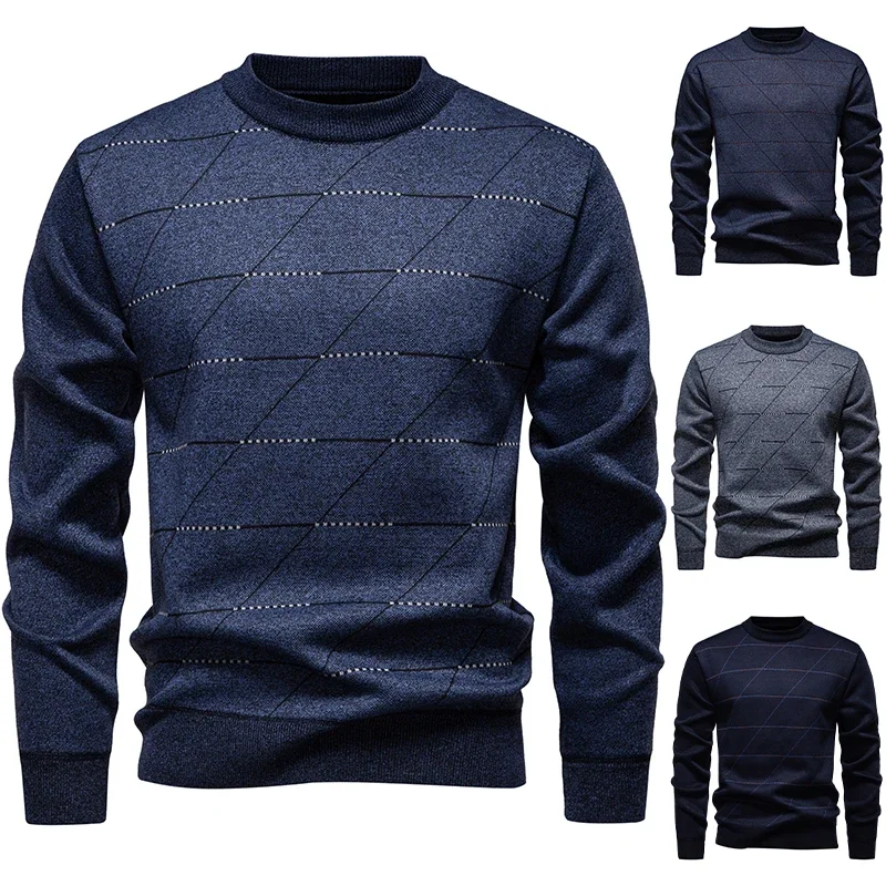 Regular Fit Fleece Lined Male Jumper Slanted Grid Jacquard Crew Neck Home Travel Warm Long Sleeve Knitted Sweater