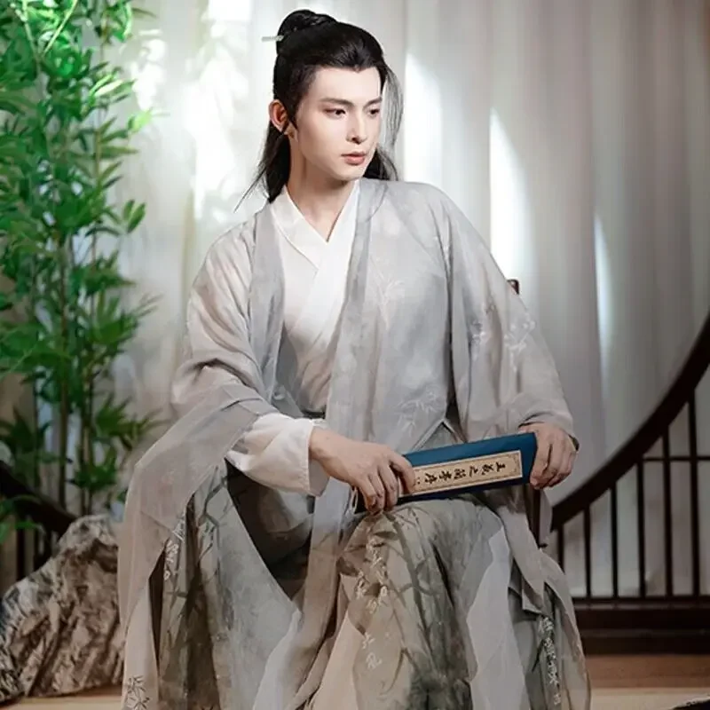 هانفو صيني تقليدي مطبوع للرجال ، زي تنكري لكرنفال الهالوين للذكور ، قميص هانفو رمادي ، تنورة ومعطف ، حجم كبير 2XL