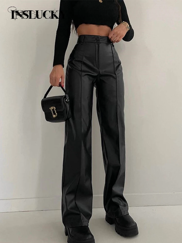 

InsLucky-Women's Faux Leather Straight Pants,PU High Waist Slim Trousers,Fashion Casual,Elegant Office Lady,PU Harajuku,Autumn