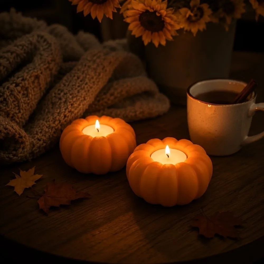 3D Printed Halloween Pumpkin Candle Holder Vintage Plastic Tabletop Candlestick Anti-Tip Fall Style Aromatherapy Candle Base