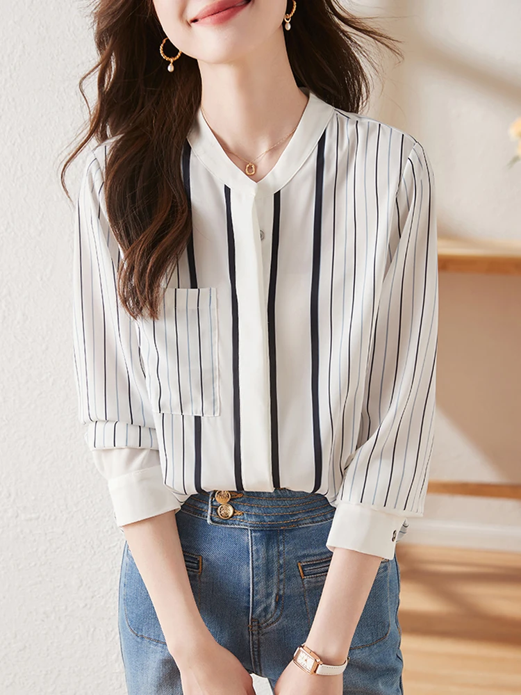 

Slimming Stripe Pattern Stand Collar Chiffon irt Women's Spring Autumn Loose Long Sve Profional Sle Korean Faion