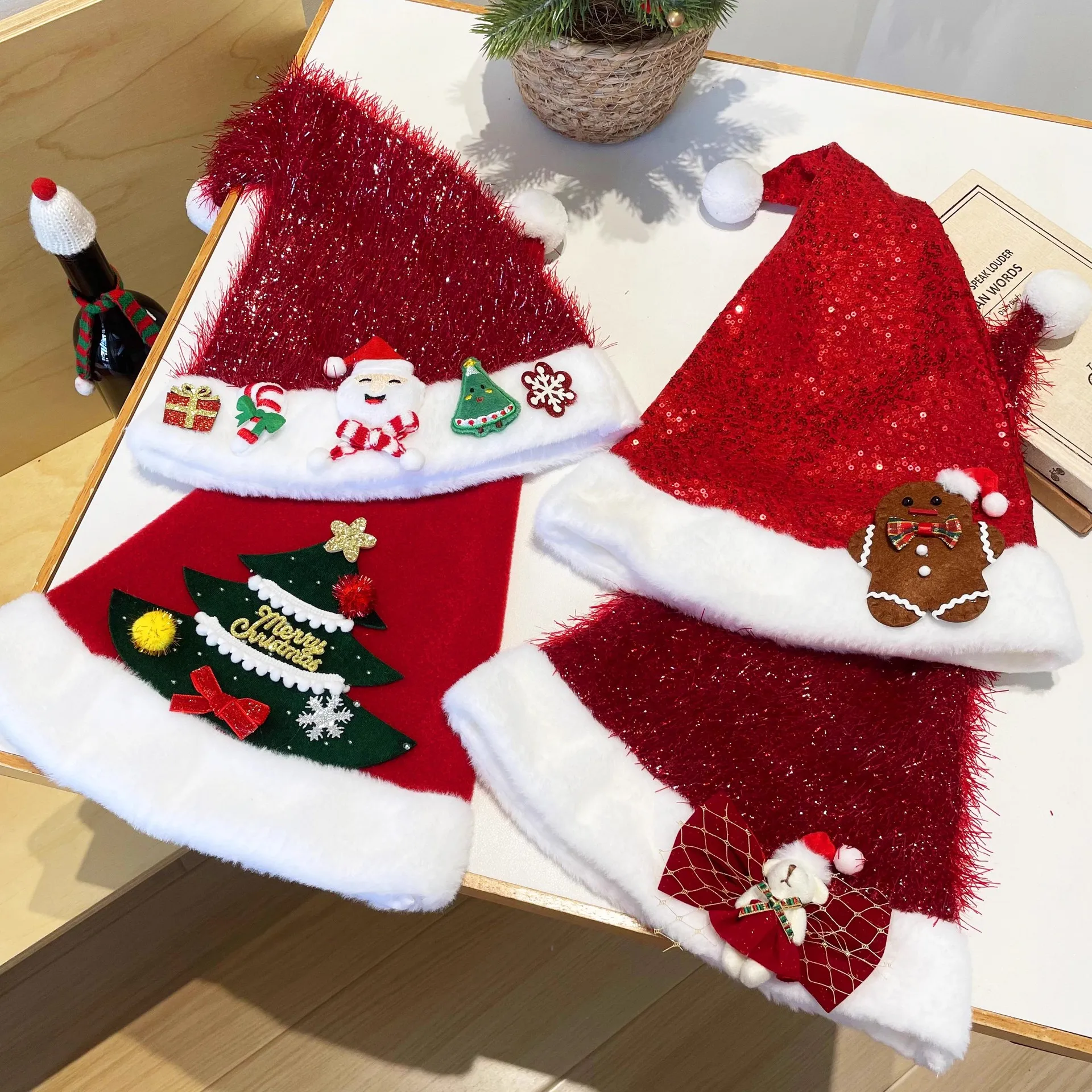 Cute Christmas Bear Bow Hat Plush Christmas Tree Santa Claus Gingerbread Man Christmas Hat Fashion Sweet Headwear Decoration Hat