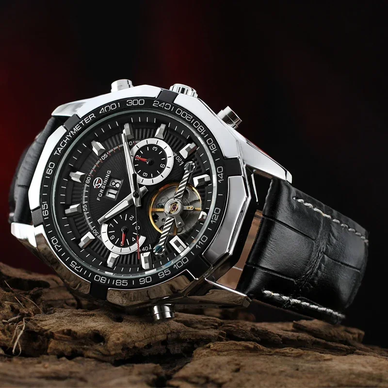 

FORSINING Элитный бренд Мужские автоматические механические часы Мужские черные кожаные ремешки Canlendar Tourbillon Skeleton Наручные часы