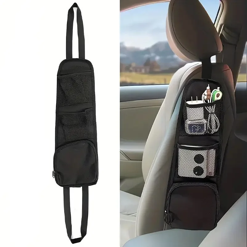

Universal Side Mount Car Seat Storage Organizer Bag with Mesh Pockets and Elastic Strap, Foldable Easy Install for Smartphones