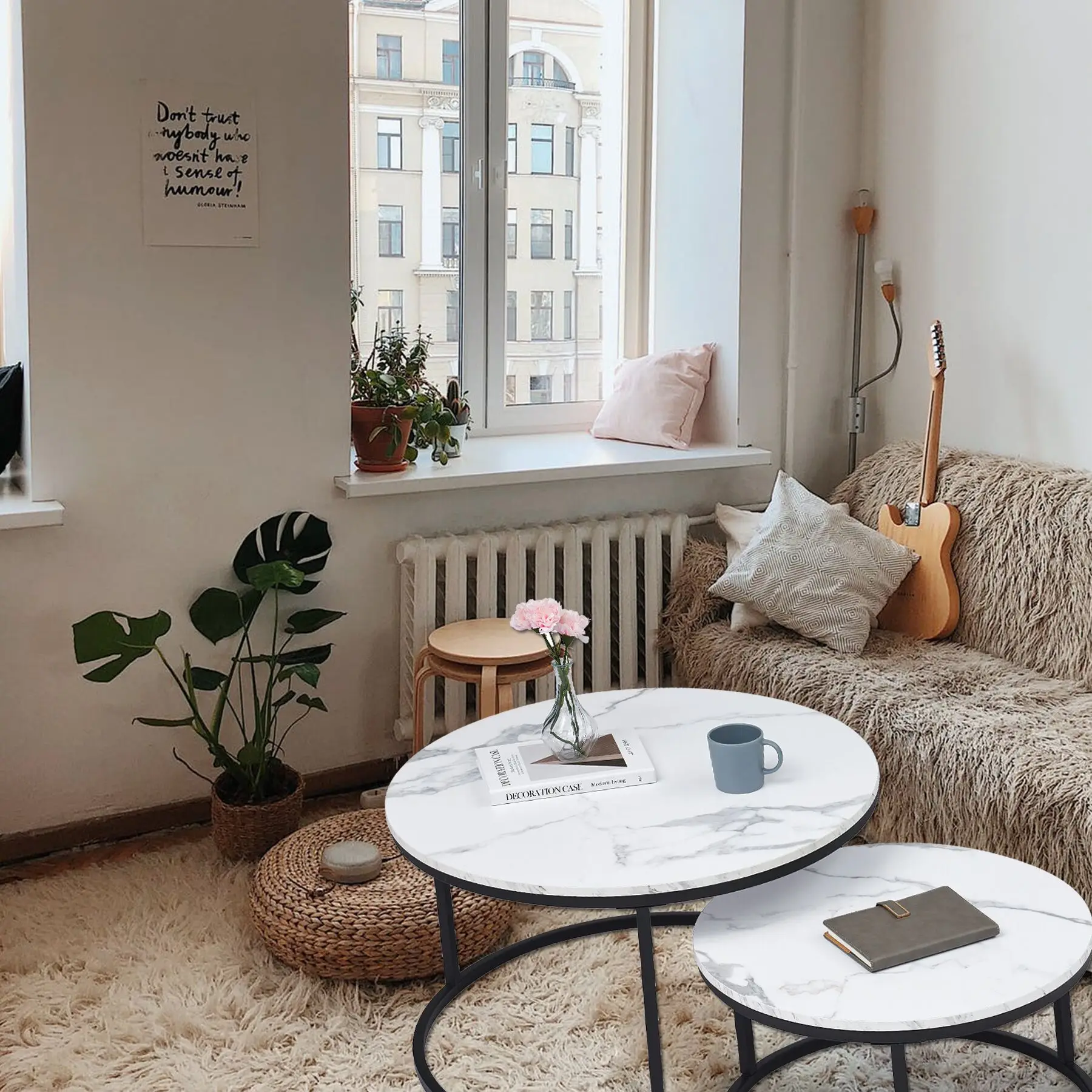 EGOONM Weißer Marmor runder Teeschreibtisch Beistelltisch in Wohnzimmermöbel Couchtisch Holzkombination Home Metallhalterung – Detail 5