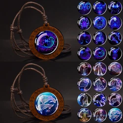 12 Constellation Zodiac Necklaces Glass Dome Vintage Wood Pendant Rope Chains Necklace Women Men Astrology Jewelry Birthday Gift