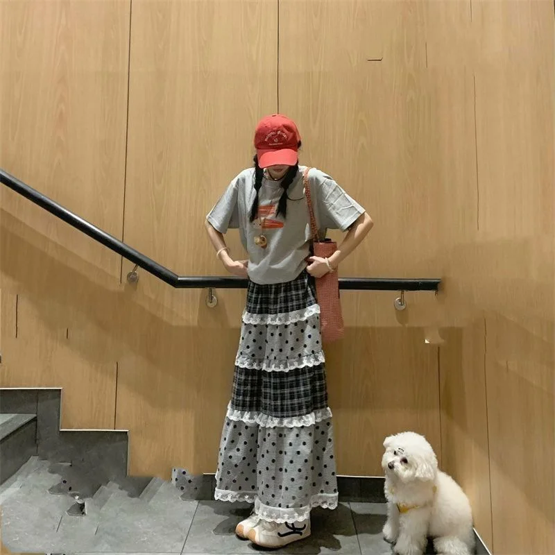 

Ретро-юбка миди А-силуэта с цветочным кружевом и клетчатым узором, многослойная, в стиле пэчворк, с широким подолом, в японском стиле, для девочек, средней длины