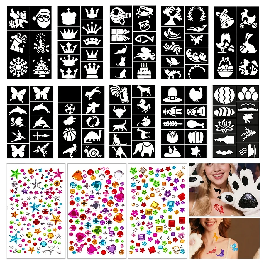 92pcs Glitter Tattoo Stencils 3pcs Rhinestone Stickers Reusable Stencil Templates DIY Face Body Art Decoration Party Supplies