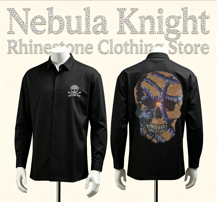 Rhinestone Skull Pattern Men Black Long Sleeve Shirt Slim Fit Luxury Button Down High Street Casual Daily Tops