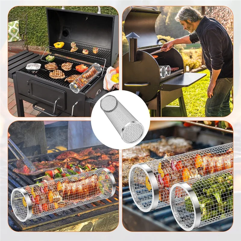 

2 PCS BBQ Grill Basket Rolling Grilling Basket Stainless Steel Grill Mesh Barbeque Grill Portable Grill Baskets