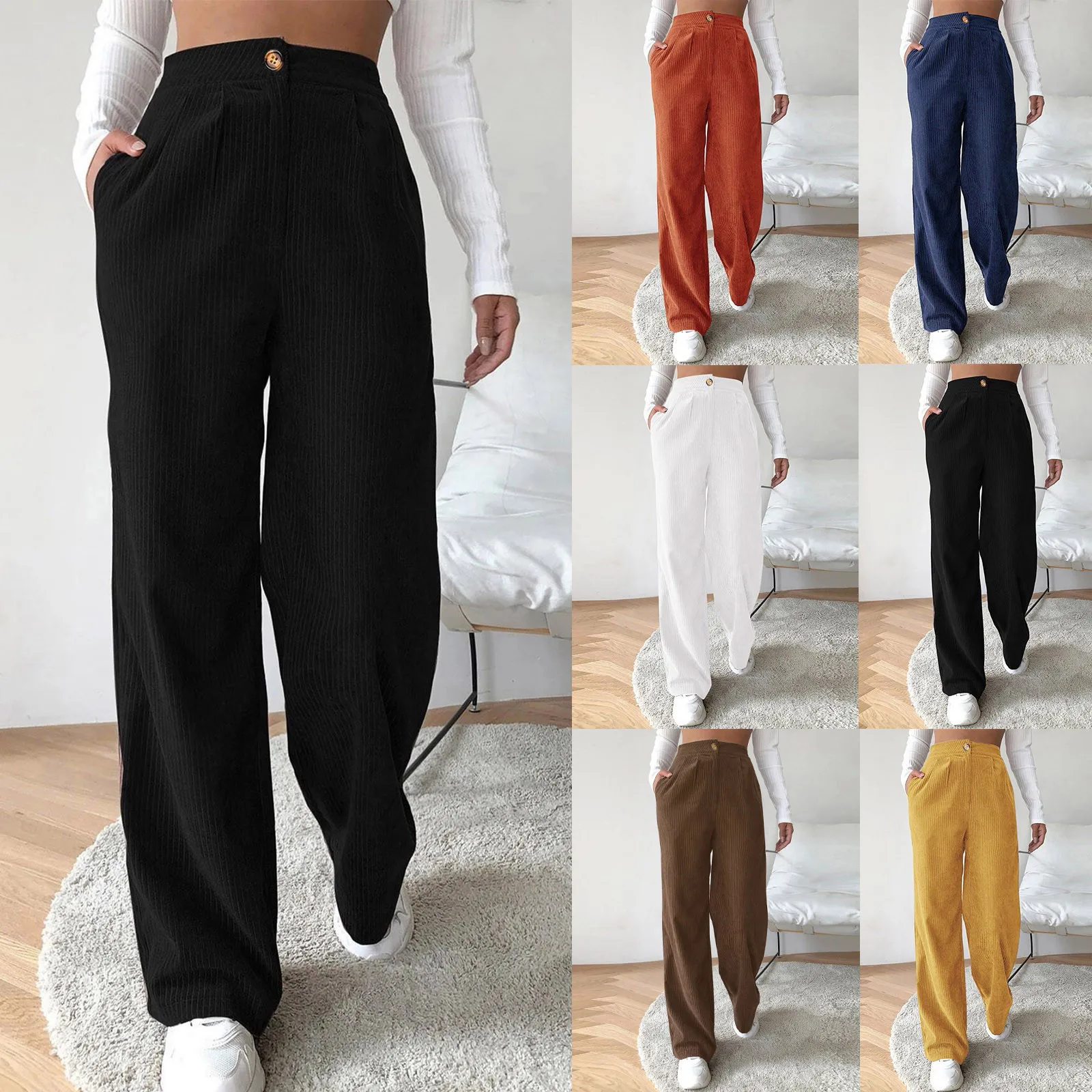 

Women Plush Knit Pants 2024 Spring Straight Loose Wide-leg Trousers Wheat Spike Pattern Casual Elastic Waist Pantalones De Mujer