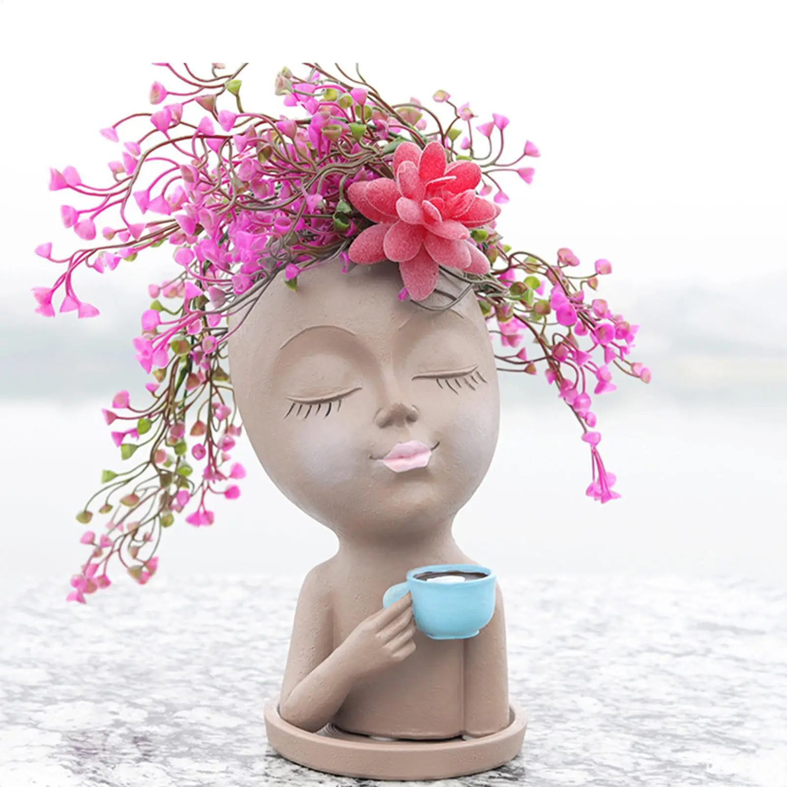 Face Planter Pot Head Coffee Girl Flower Pot Indoor Head Planter With Closed Eyes Resin Material Drainage Hole