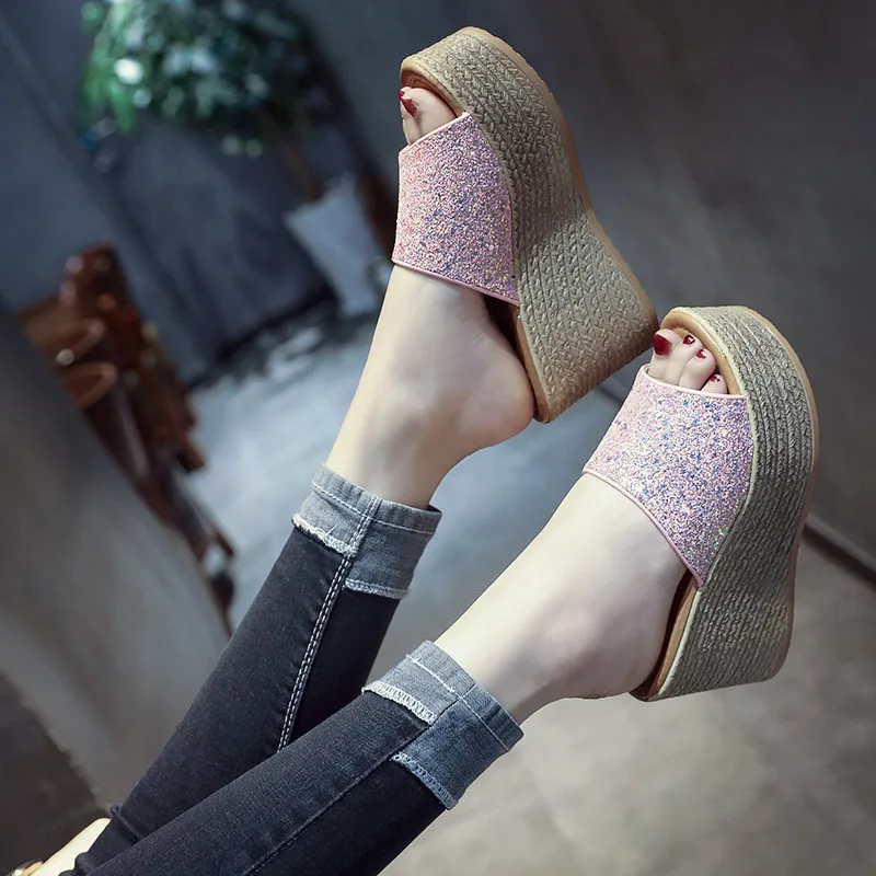 House Slippers Platform Shoes Slides Fashion Women Heels Shale Female Beach On A Wedge Flat Luxury High Sabot Bling Shoes Woman